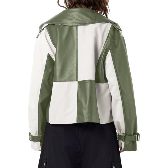 Womens Green Tankaneo Leather Cropped Jacket Oversized Color Block Motorcycle - Picture 5 of 6